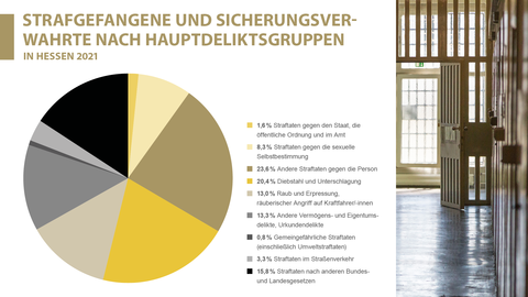 Strafgefangene und Sicherungsverwahrte nach Hauptdeliktsgruppen in Hessen 2021 Kreisdiagramm: Strafgefangene und Sicherungsverwahrte nach Hauptdeliktsgruppen in Hessen 2021