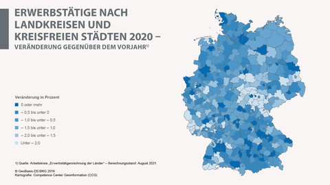 Erwerbstätige nach Landkreisen und kreisfreien Städten 2020 - Veränderung gegenüber dem Vorhjahr Kartenabbildung Erwerbstätige nach Landkreisen und kreisfreien Städten 2020 - Veränderung gegenüber dem Vorhjahr