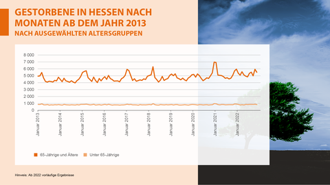 Grafik, Bevölkerung, Gestorbene in Hessen, ab 2013 Gestorbene in Hessen nach Monaten ab dem Jahr 2013 nach ausgewählten Altersgruppen