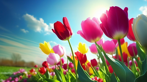 Handel, Tulpen Bunte Tulpen auf der Wiese