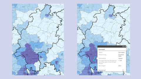 Kaufwerte für baureifes Land, Fokus Darmstadt Karte von Kaufwerten für baureifes Land, Fokus Darmstadt