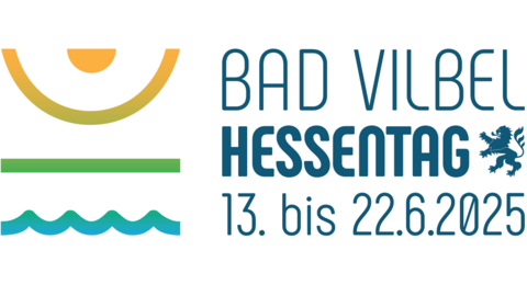 Logo des Hessentags 2025 in Bad Vilbel. Dieses zeigt eine halbe Sonne und da-runter Land und Wasser