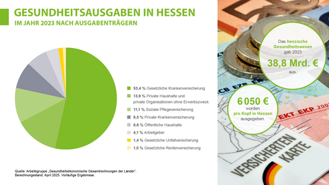 Kreisdiagramm: Gesundheitsausgaben in Hessen im Jahr 2023 nach Ausgabenträgern