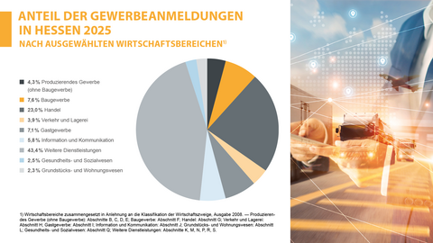 Anteil der Gewerbeanmeldungen in Hessen 2025 nach ausgewählten Wirtschaftsbereichen 