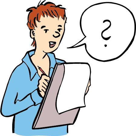 Eine Frau stellt vielen Menschen Fragen und schreibt die Antworten auf.