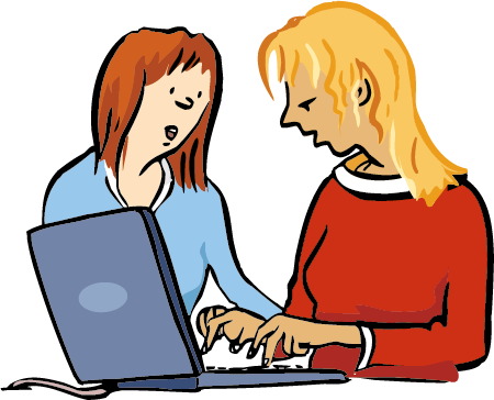 Eine Unter-Stützerin am Klapp-Computer schreibt, was eine Frau ihr sagt.